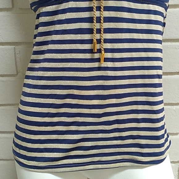Jessica Simpson Blue/Gold Striped Tie Tankini Swim Top. Size Medium - Picture 3 of 12